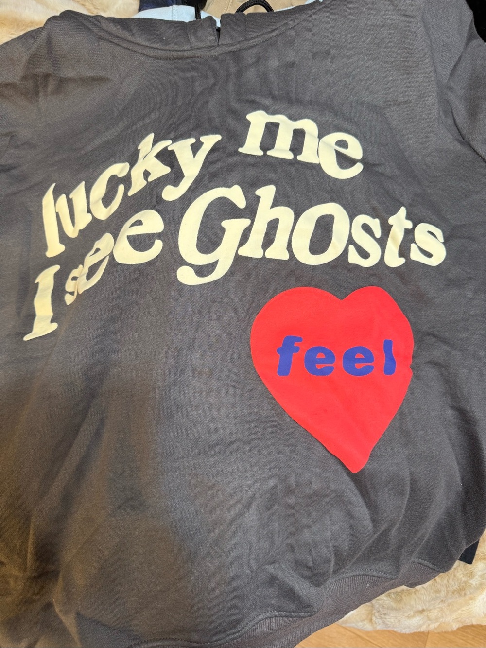 Kanye West Kids sized Grey Graphic Sweatshirt with Cream Slogan and Red Heart